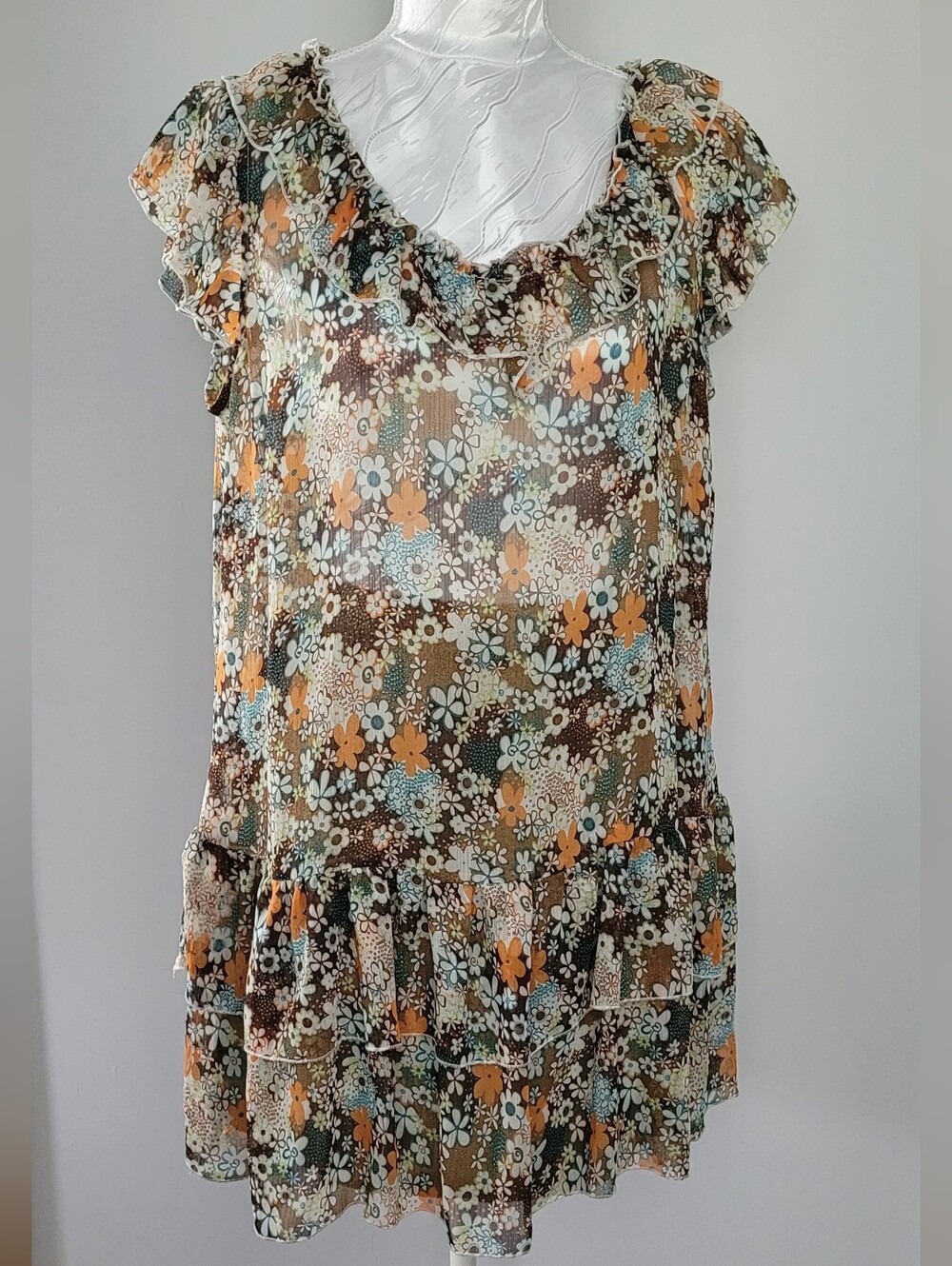 Marie Claire Floral Ruffle Hem Tunic Top - Brown with Orange & Light Blue